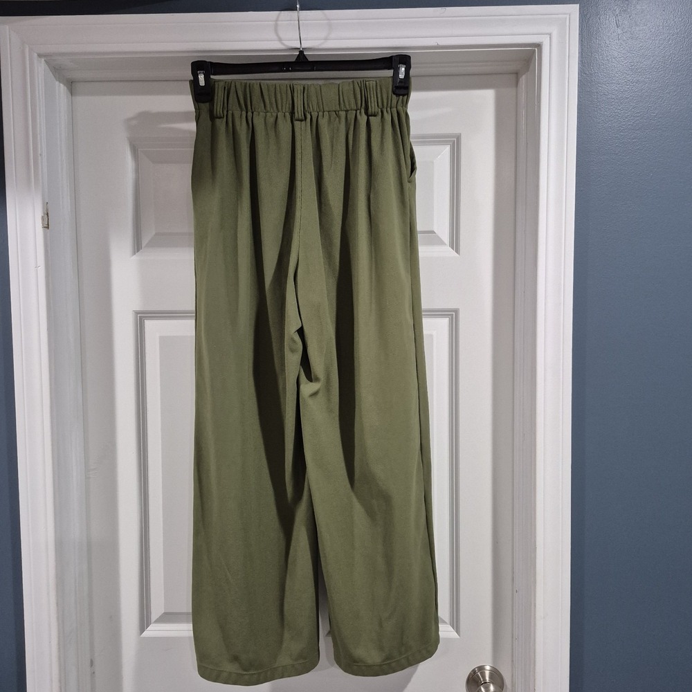 Halara Pants Womens Small Olive Green Waffle Knit Wide Leg Pleated Work Office - Picture 2 of 9